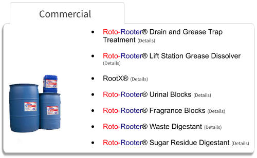 Commercial •	Roto-Rooter® Drain and Grease Trap Treatment (Details) •	Roto-Rooter® Lift Station Grease Dissolver (Details) •	RootX® (Details) •	Roto-Rooter® Urinal Blocks (Details) •	Roto-Rooter® Fragrance Blocks (Details) •	Roto-Rooter® Waste Digestant (Details) •	Roto-Rooter® Sugar Residue Digestant (Details)